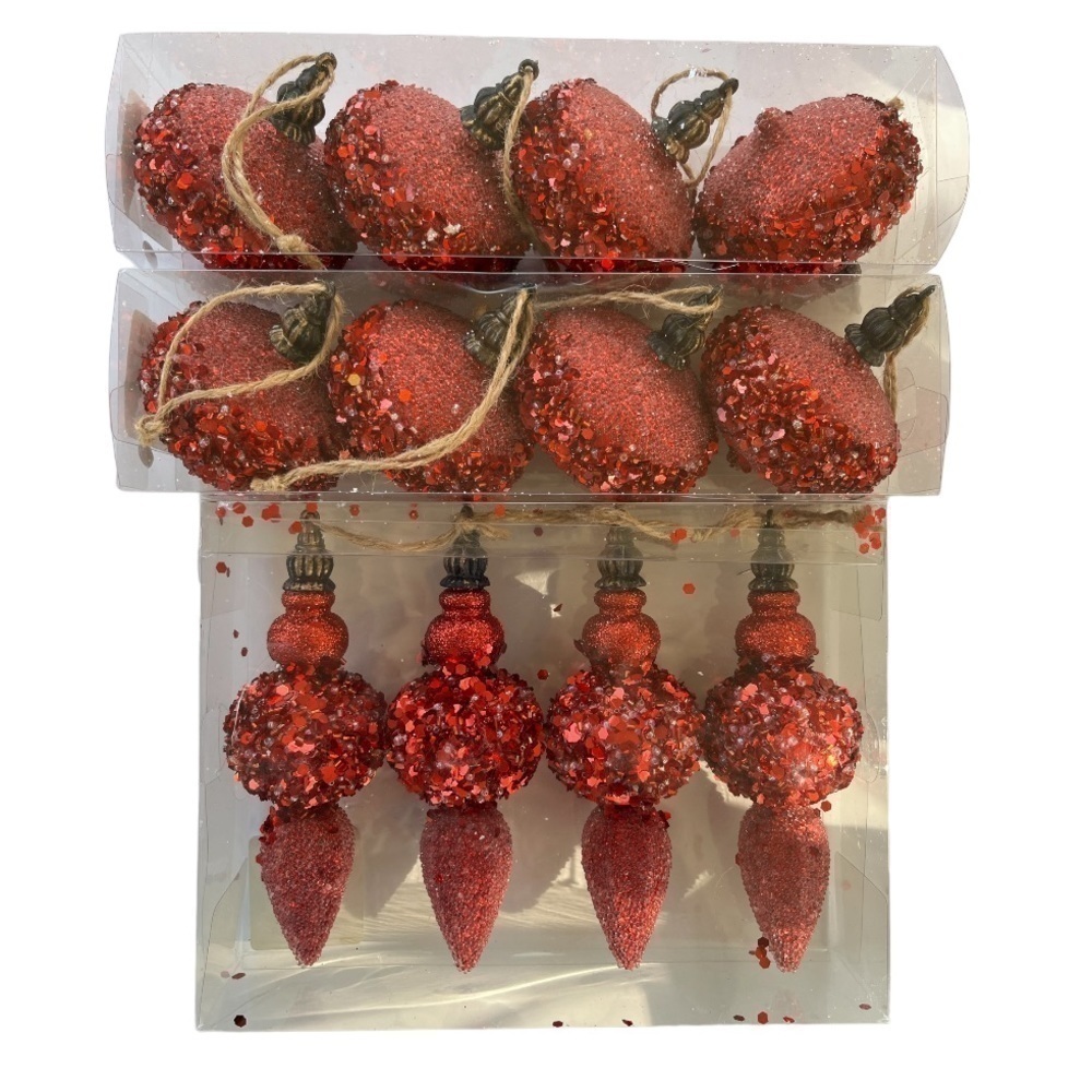 Vintage Style Red Glitter Christmas Ornament Set | 12 Shatterproof Decorations